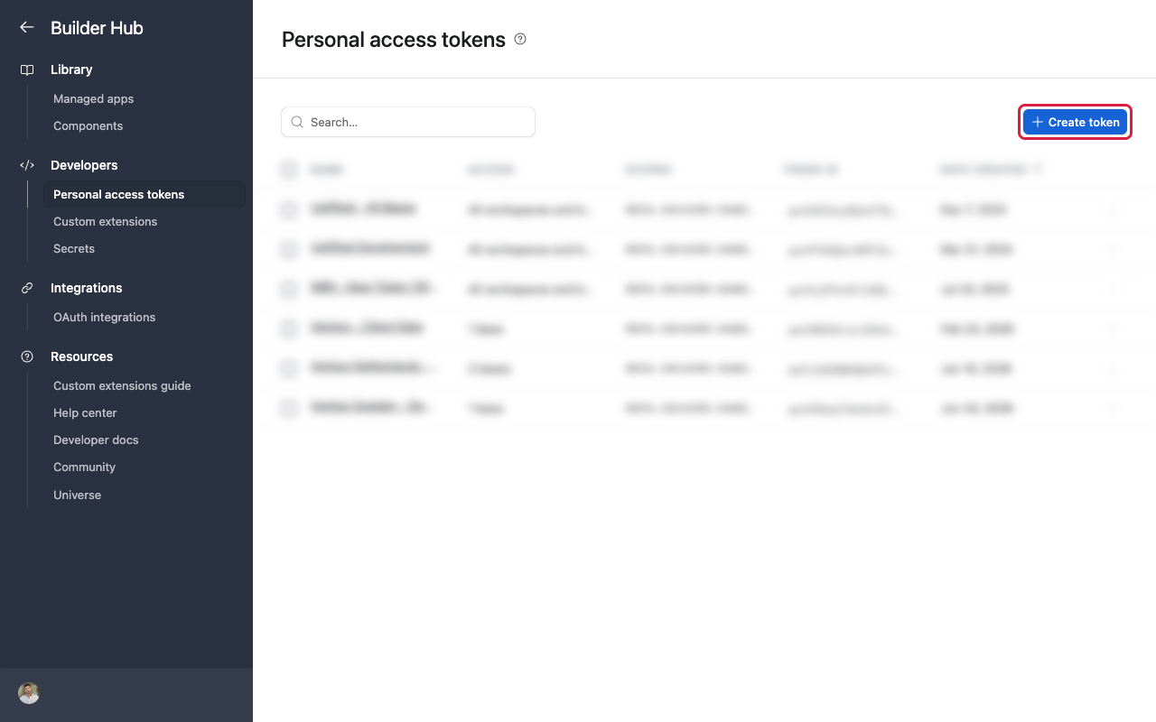 Personal access tokens page in the Builder hub