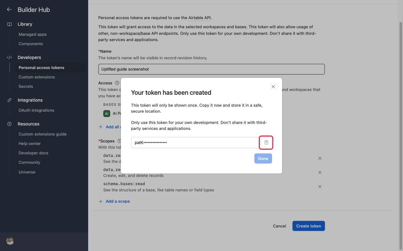 Token created dialog with copy button, token blurred