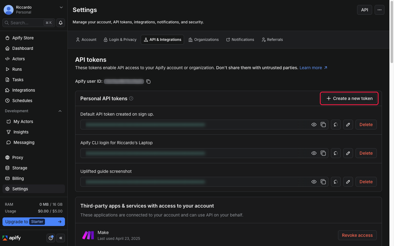 Settings page with API & Integrations tab open, token list visible