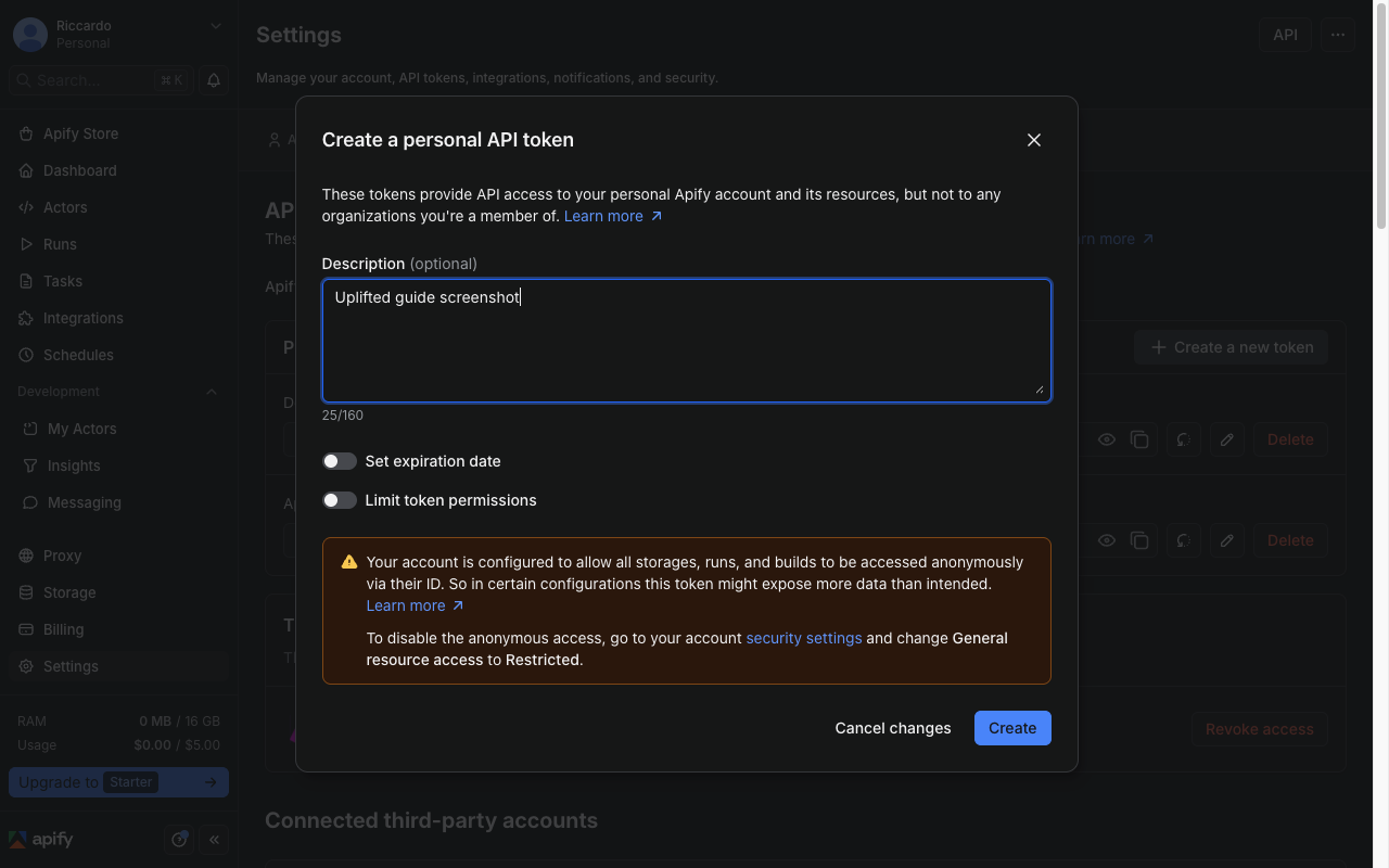 Create token dialog with description field and Limit token permissions toggle off