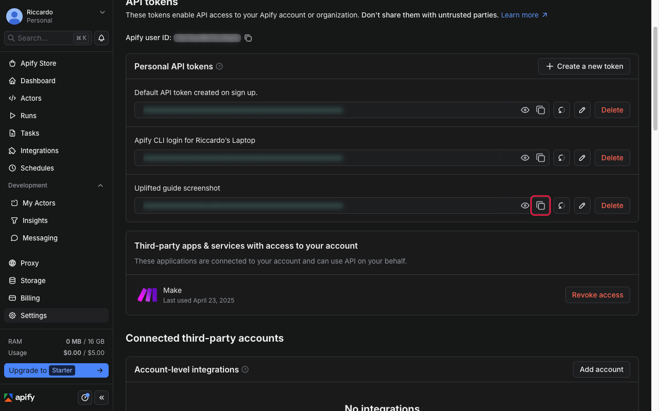 New token with copy icon, token blurred