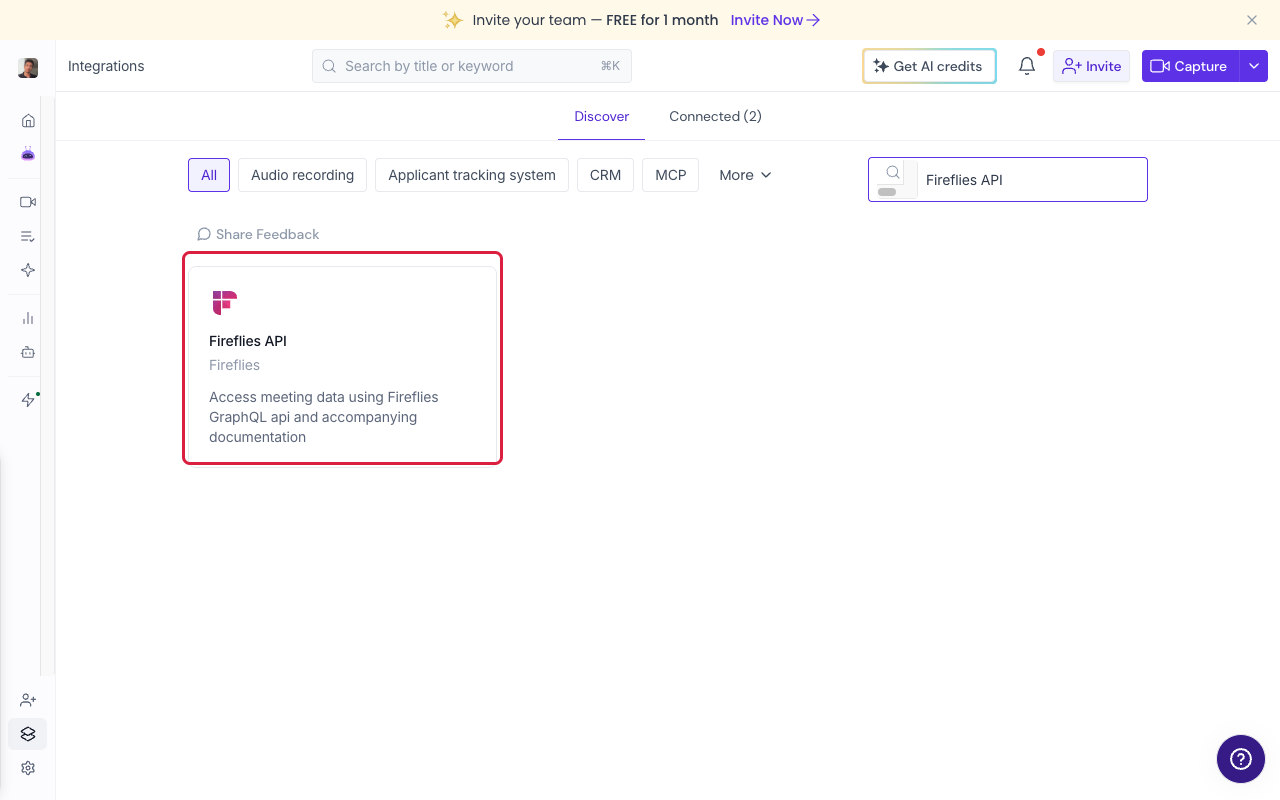 Integrations page with Fireflies API in the search results
