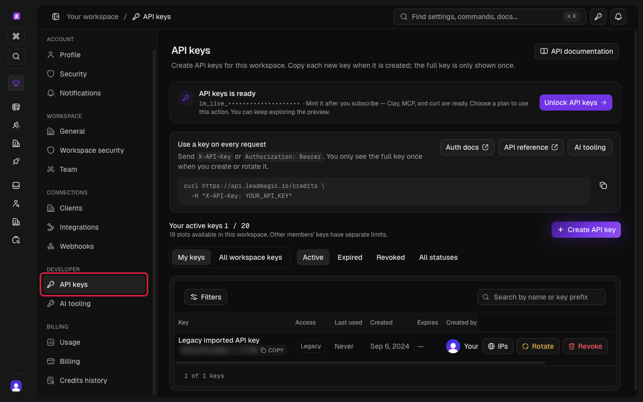 Settings page with API Keys selected