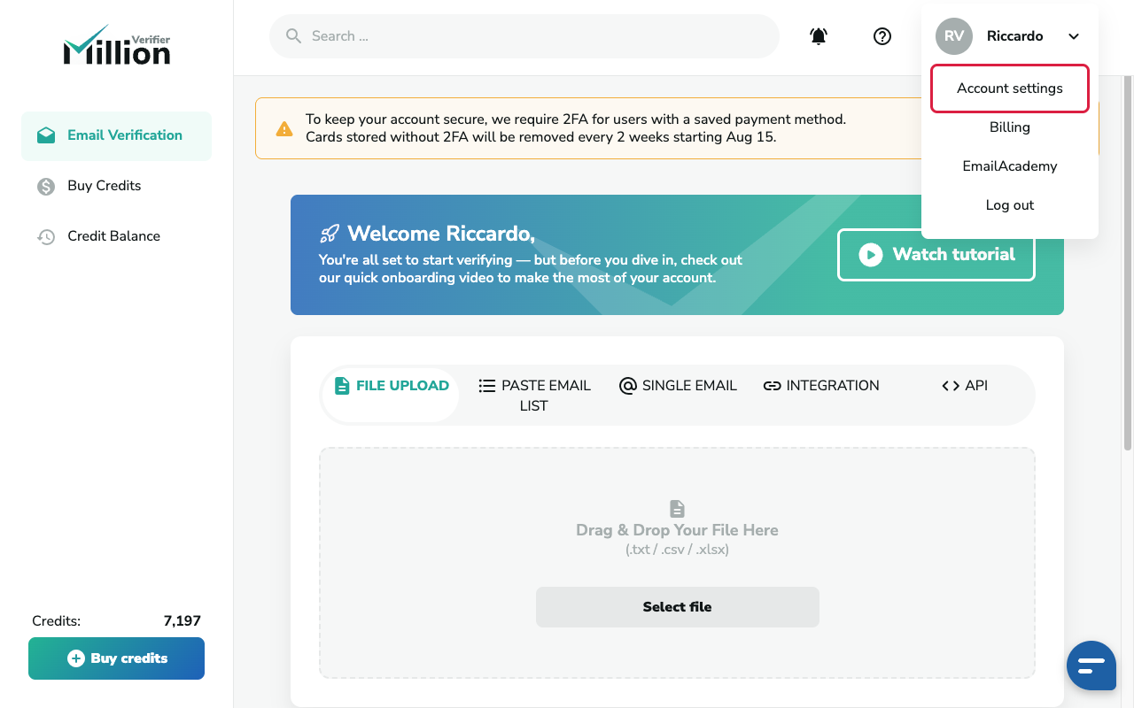 Profile menu top-right with Account settings highlighted