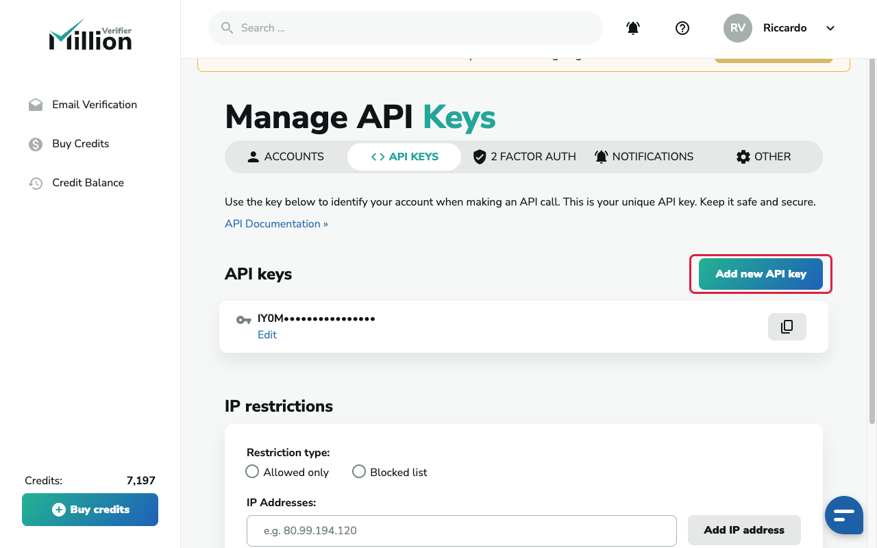 Account settings with API KEYS tab selected and key list