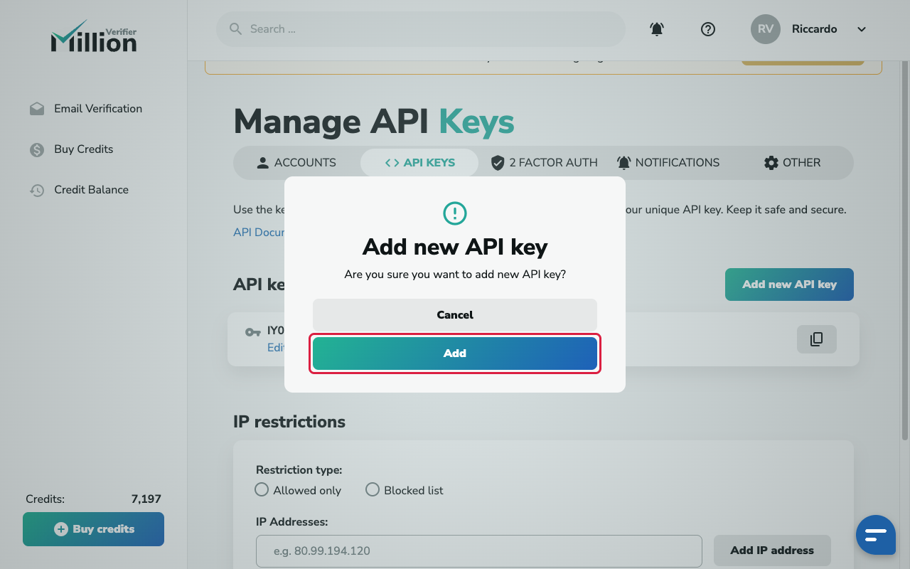 Add new API Key button and confirmation pop-up