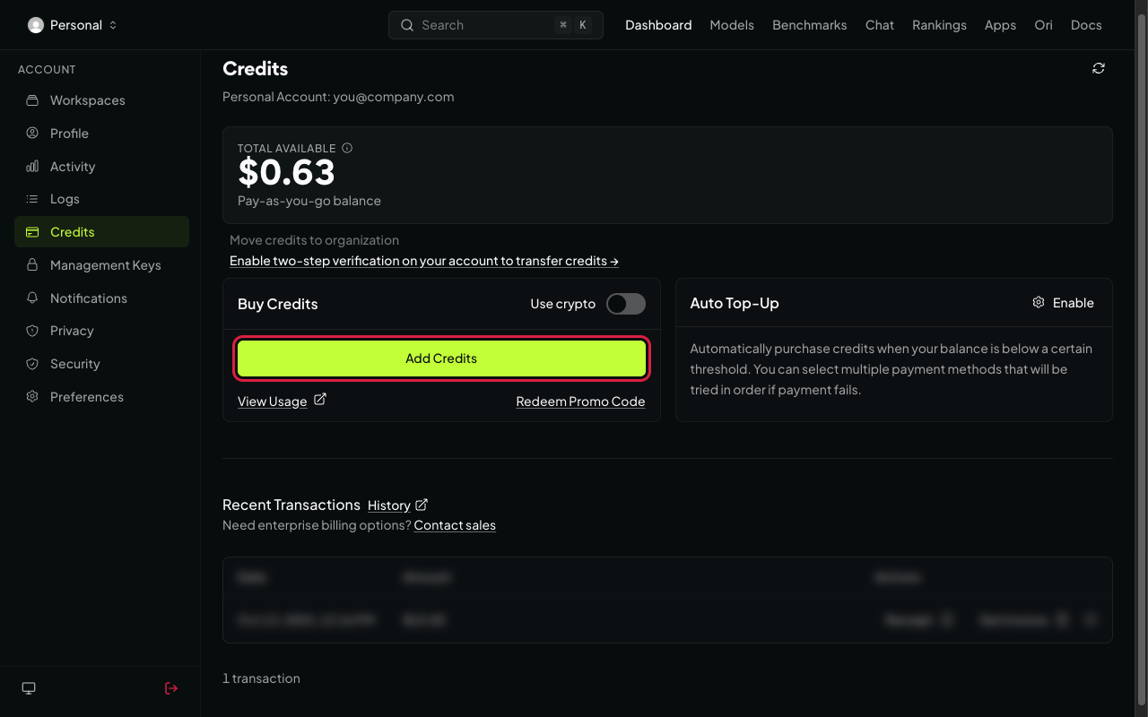 Credits page with balance and add credits button