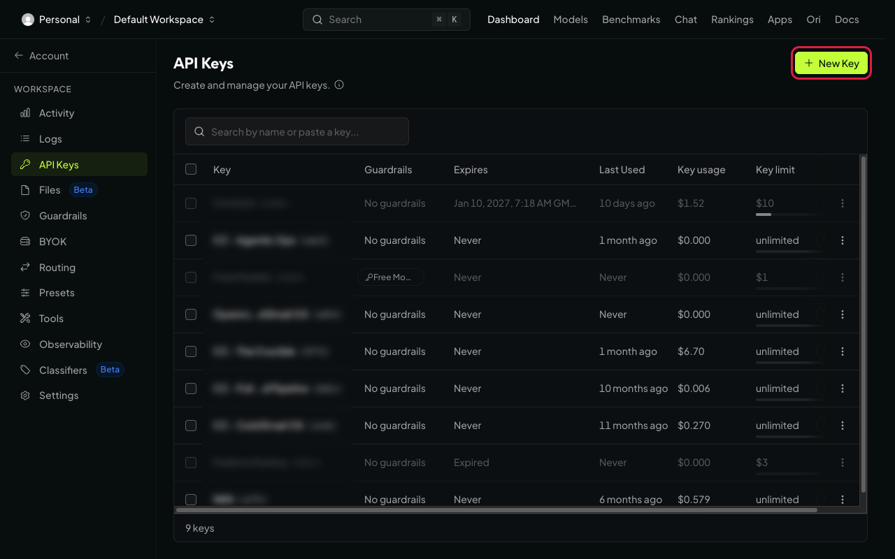 API keys page with create key button
