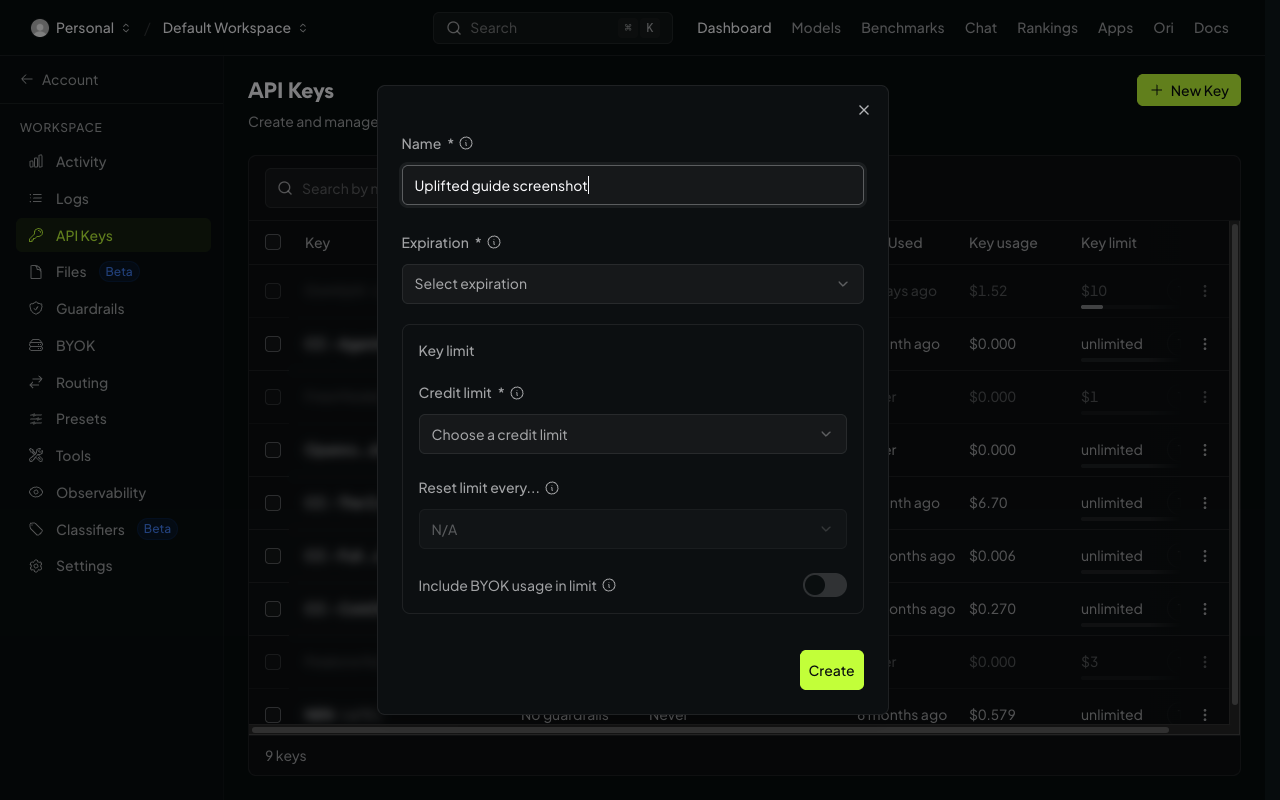 Create key form with name, credit limit and reset options