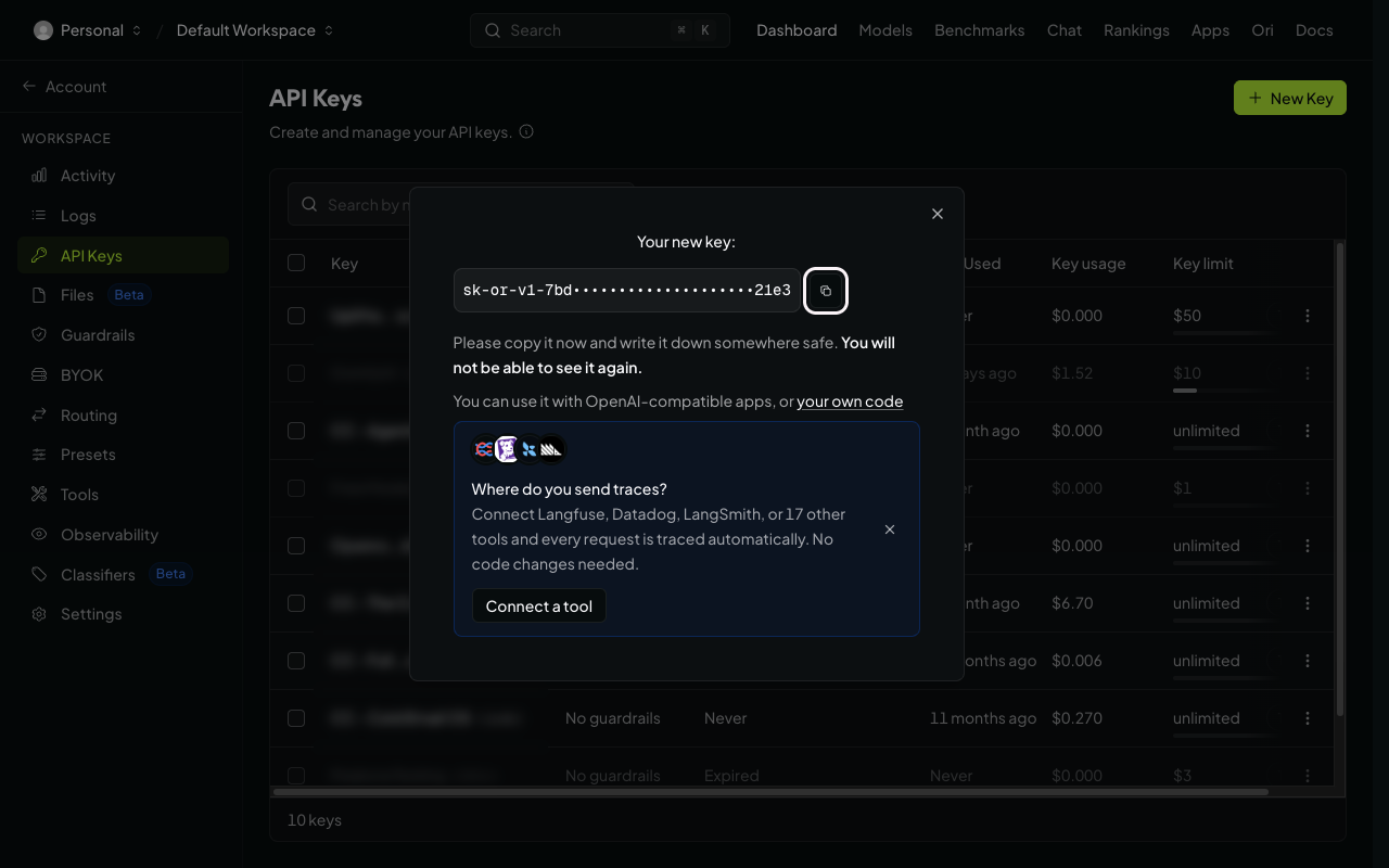 New key shown with copy button, key blurred